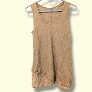 Flax Tan 100% Linen Scoop Neck Relaxed Ruffle Tank Top Lagenlook